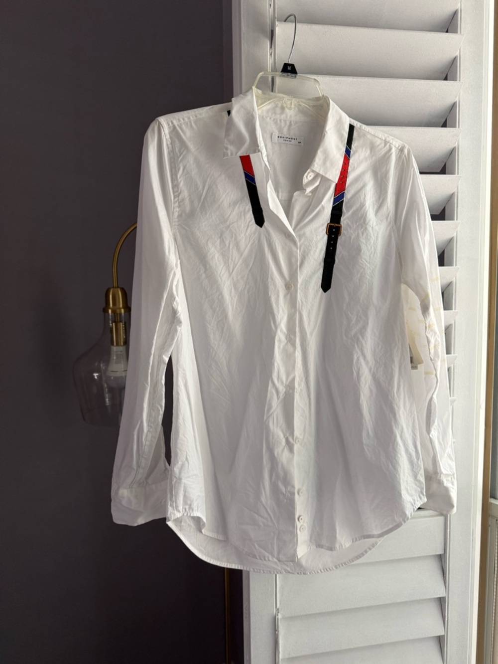 NWT | Equipment White Button-Down Shirt - Red, Blue & Black Strap Detail | Sz S